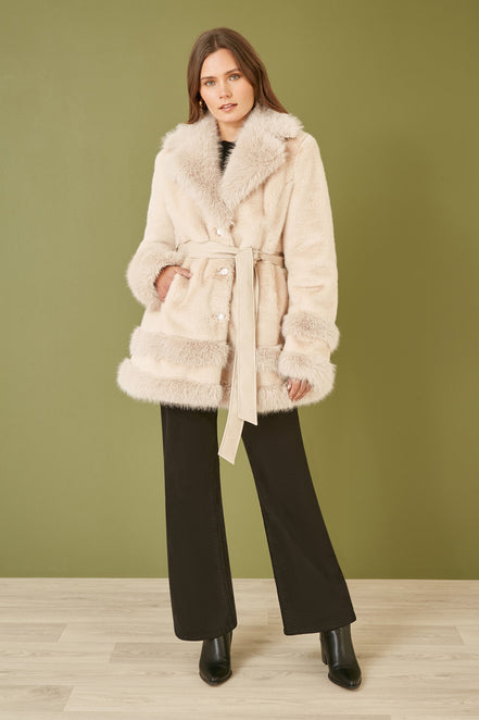 Yumi Cream Luxe Faux Fur Swing Coat with Tie Belt