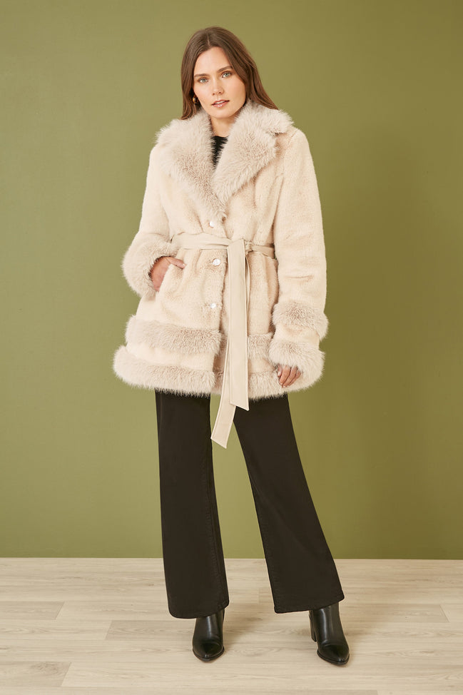 Yumi Cream Luxe Faux Fur Swing Coat with Tie Belt