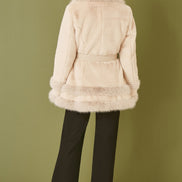 Yumi Cream Luxe Faux Fur Swing Coat with Tie Belt
