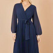 Yumi Navy Pleated Wrap Midi Dress with Sheer Long Sleeves