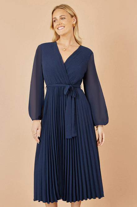 Yumi Navy Pleated Wrap Midi Dress with Sheer Long Sleeves
