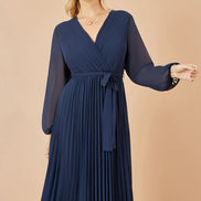 Yumi Navy Pleated Wrap Midi Dress with Sheer Long Sleeves
