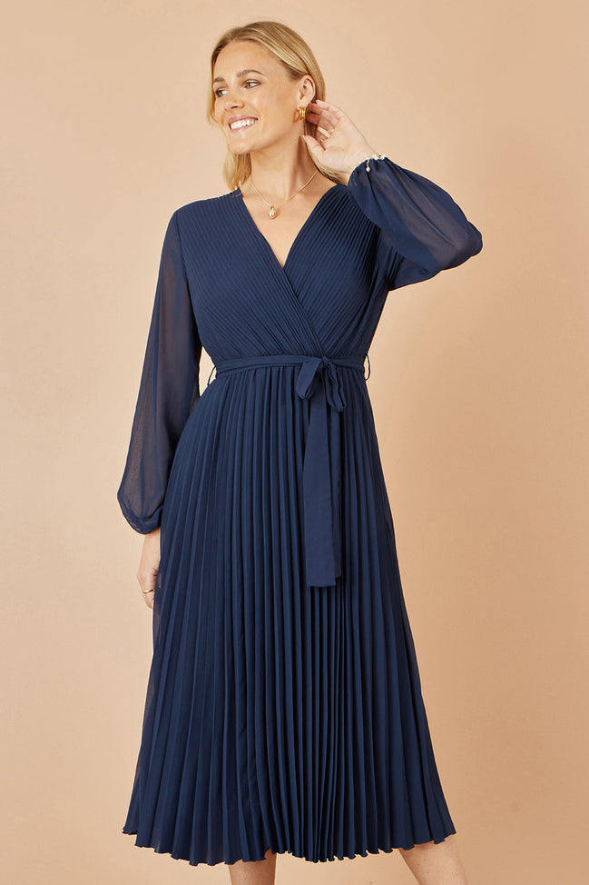 Yumi Navy Pleated Wrap Midi Dress with Sheer Long Sleeves
