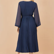 Yumi Navy Pleated Wrap Midi Dress with Sheer Long Sleeves