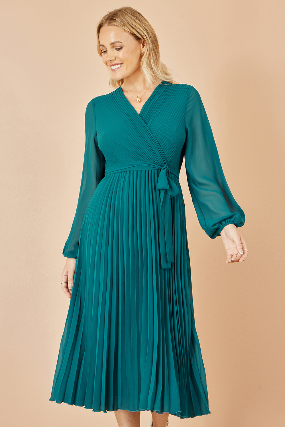 Yumi Teal Pleated Wrap Midi Dress with Sheer Long Sleeves
