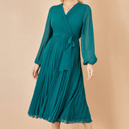 Yumi Teal Pleated Wrap Midi Dress with Sheer Long Sleeves