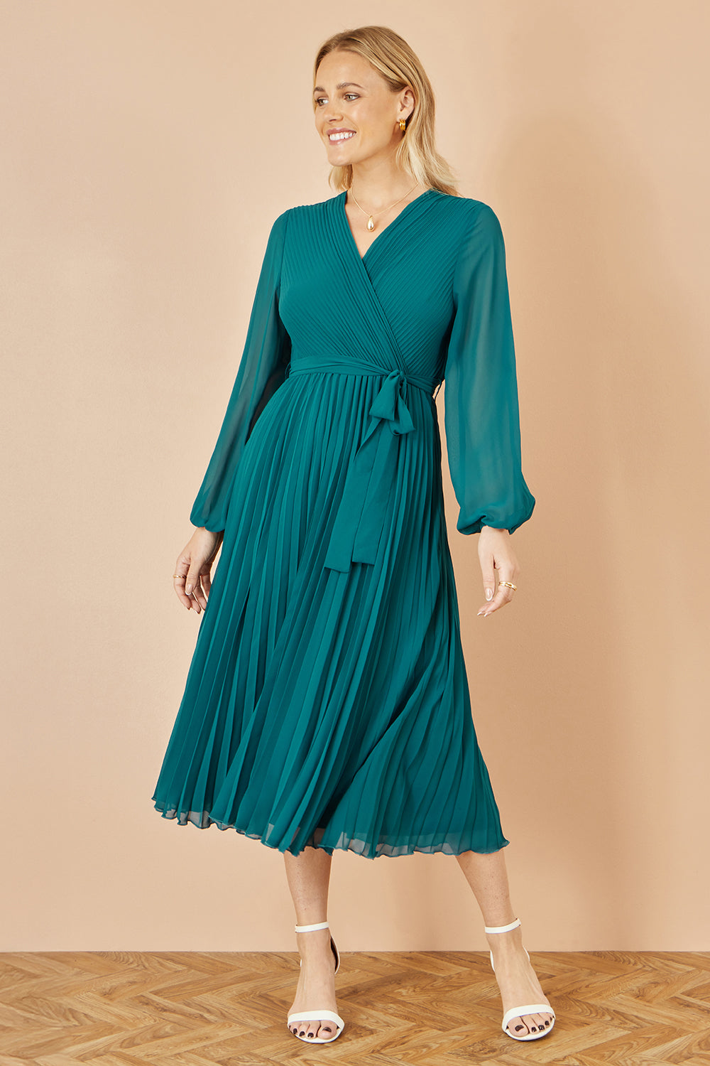 Yumi Teal Pleated Wrap Midi Dress with Sheer Long Sleeves