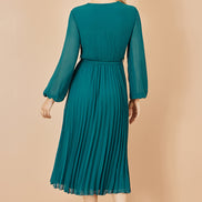 Yumi Teal Pleated Wrap Midi Dress with Sheer Long Sleeves
