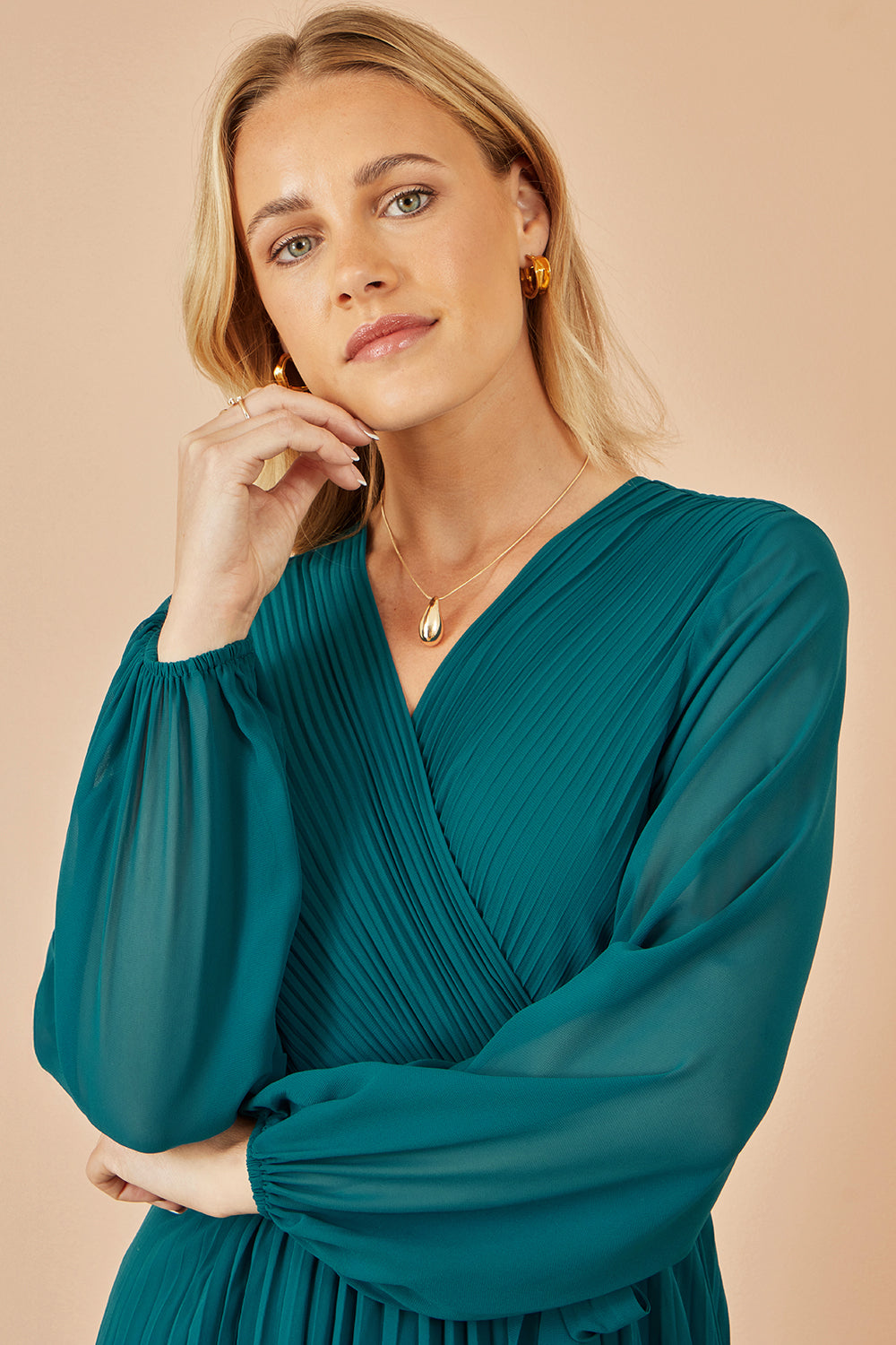 Yumi Teal Pleated Wrap Midi Dress with Sheer Long Sleeves