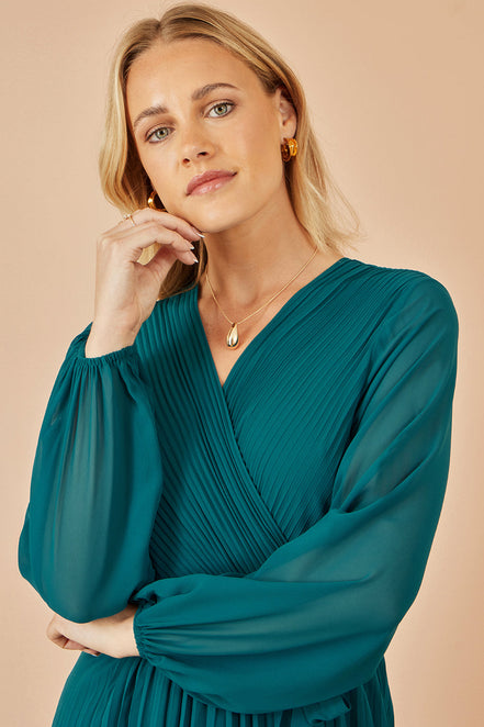 Yumi Teal Pleated Wrap Midi Dress with Sheer Long Sleeves