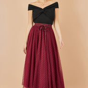 Yumi Burgundy Mesh Heart Print Tulle Skirt