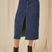 Yumi Blue Denim Stretch Fitted Midi Skirt With Front Split