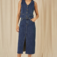 Yumi Blue Denim Stretch Fitted Midi Skirt With Front Split