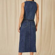 Yumi Blue Denim Stretch Fitted Midi Skirt With Front Split