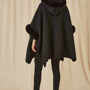 Yumi Black Cape with Luxe Fur Trim and Lining