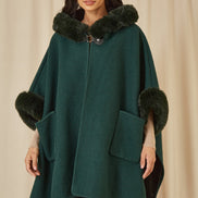 Yumi Green Cape with Luxe Fur Trim and Lining