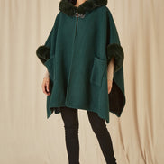 Yumi Green Cape with Luxe Fur Trim and Lining