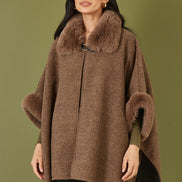 Yumi Brown Cape with Luxe Fur Trim and Lining