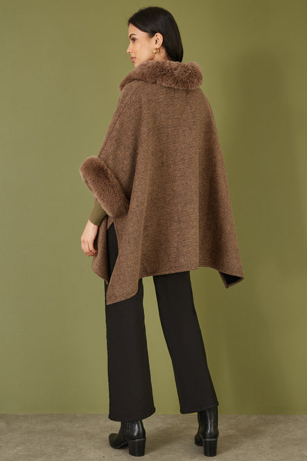 Yumi Brown Cape with Luxe Fur Trim and Lining