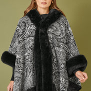 Yumi Black Faux Fur Trim Cape with Paisley Print