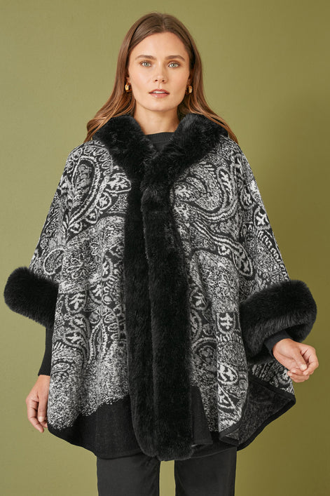 Yumi Black Faux Fur Trim Cape with Paisley Print
