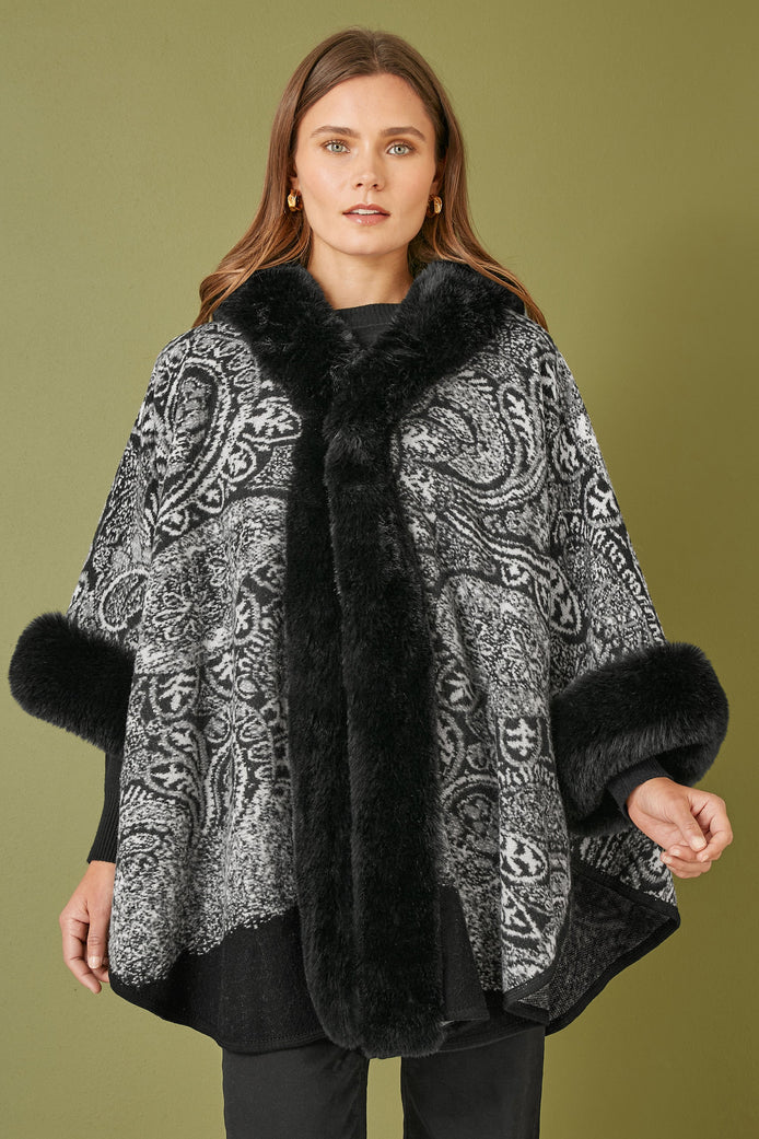 Yumi Black Faux Fur Trim Cape with Paisley Print