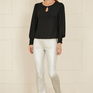 Yumi Black And Gold Sparkle Stretch Keyhole Neckline Top