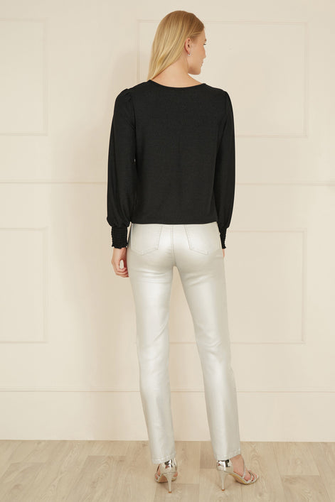 Yumi Black And Gold Sparkle Stretch Keyhole Neckline Top
