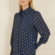 Yumi Navy Diamond Foil Print Top With Ruched Cuff