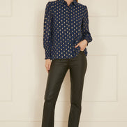 Yumi Navy Diamond Foil Print Top With Ruched Cuff