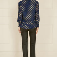 Yumi Navy Diamond Foil Print Top With Ruched Cuff