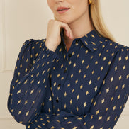 Yumi Navy Diamond Foil Print Top With Ruched Cuff
