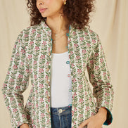 Yumi Teal Floral Print Reversible Cotton Quilted Jacket