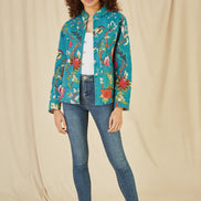 Yumi Teal Floral Print Reversible Cotton Quilted Jacket
