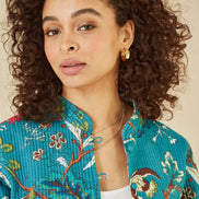 Yumi Teal Floral Print Reversible Cotton Quilted Jacket