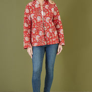 Yumi Red Floral Print Reversible Cotton Quilted Jacket