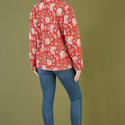 Yumi Red Floral Print Reversible Cotton Quilted Jacket