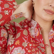 Yumi Red Floral Print Reversible Cotton Quilted Jacket