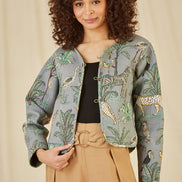 Yumi Green Animal Print Reversible Cotton Cropped Quilted Jacket