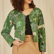 Yumi Green Animal Print Reversible Cotton Cropped Quilted Jacket