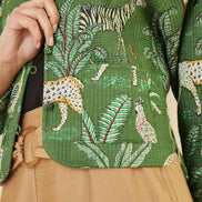 Yumi Green Animal Print Reversible Cotton Cropped Quilted Jacket