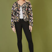 Yumi Black Floral Print Reversible Cotton Cropped Quilted Jacket