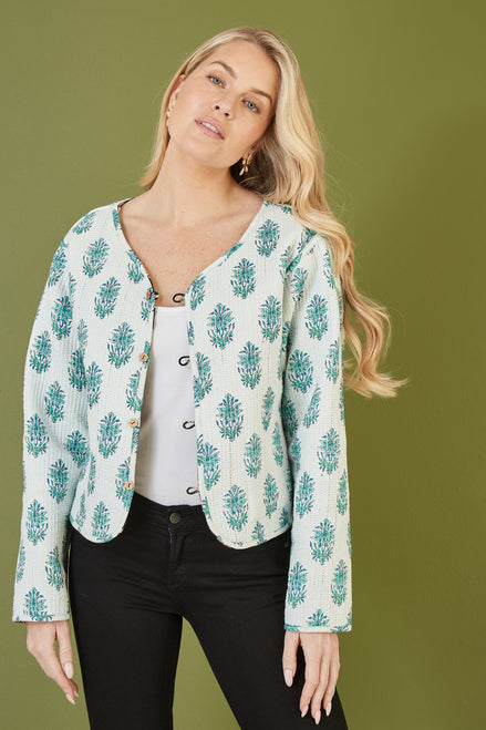 Yumi Black Floral Print Reversible Cotton Cropped Quilted Jacket