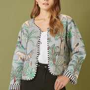 Yumi Grey Animal Print Reversible Cotton Cropped Quilted Jacket