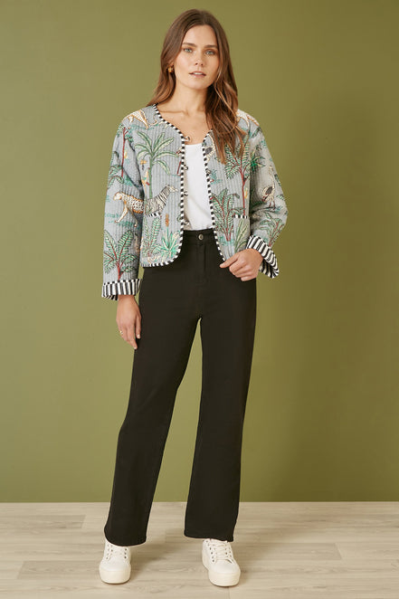 Yumi Grey Animal Print Reversible Cotton Cropped Quilted Jacket