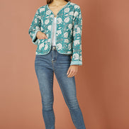 Yumi Green Patchwork Print Reversible Cotton Quilted Jacket