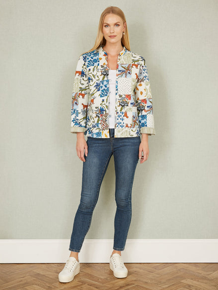 Yumi White Patchwork Print Reversible Cotton Quilted Jacket