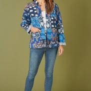 Yumi Blue Indian Patchwork Print Reversible Cotton Quilted Jacket