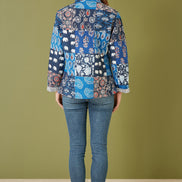 Yumi Blue Indian Patchwork Print Reversible Cotton Quilted Jacket