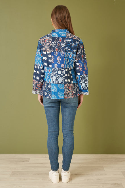 Yumi Blue Indian Patchwork Print Reversible Cotton Quilted Jacket
